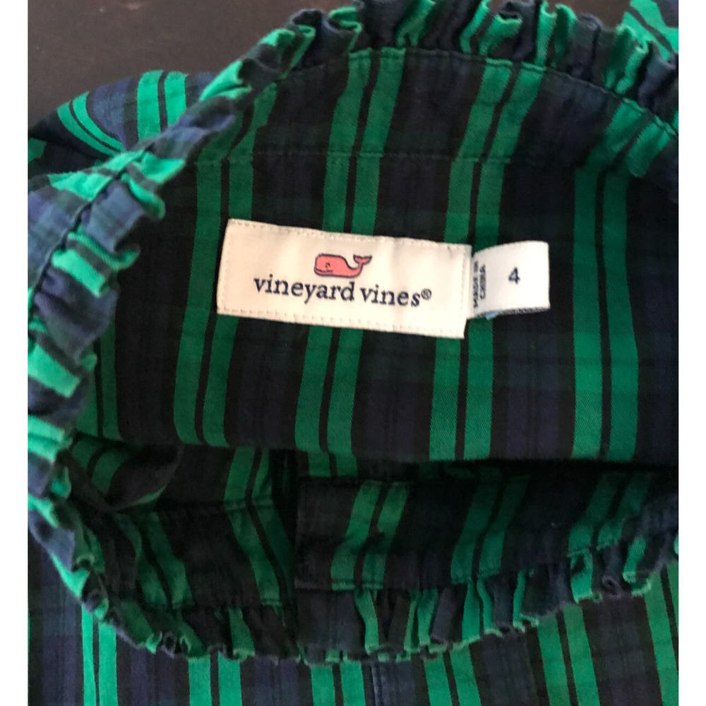 Vineyard Vines Plaid Ruffle Shirt 4 Navy Green Button Down Preppy Top - Picture 10 of 13